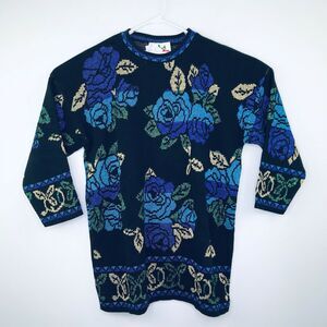 Vintage Holiday Time Women's 18W Sweater Floral Metallic Crewneck Black Blue